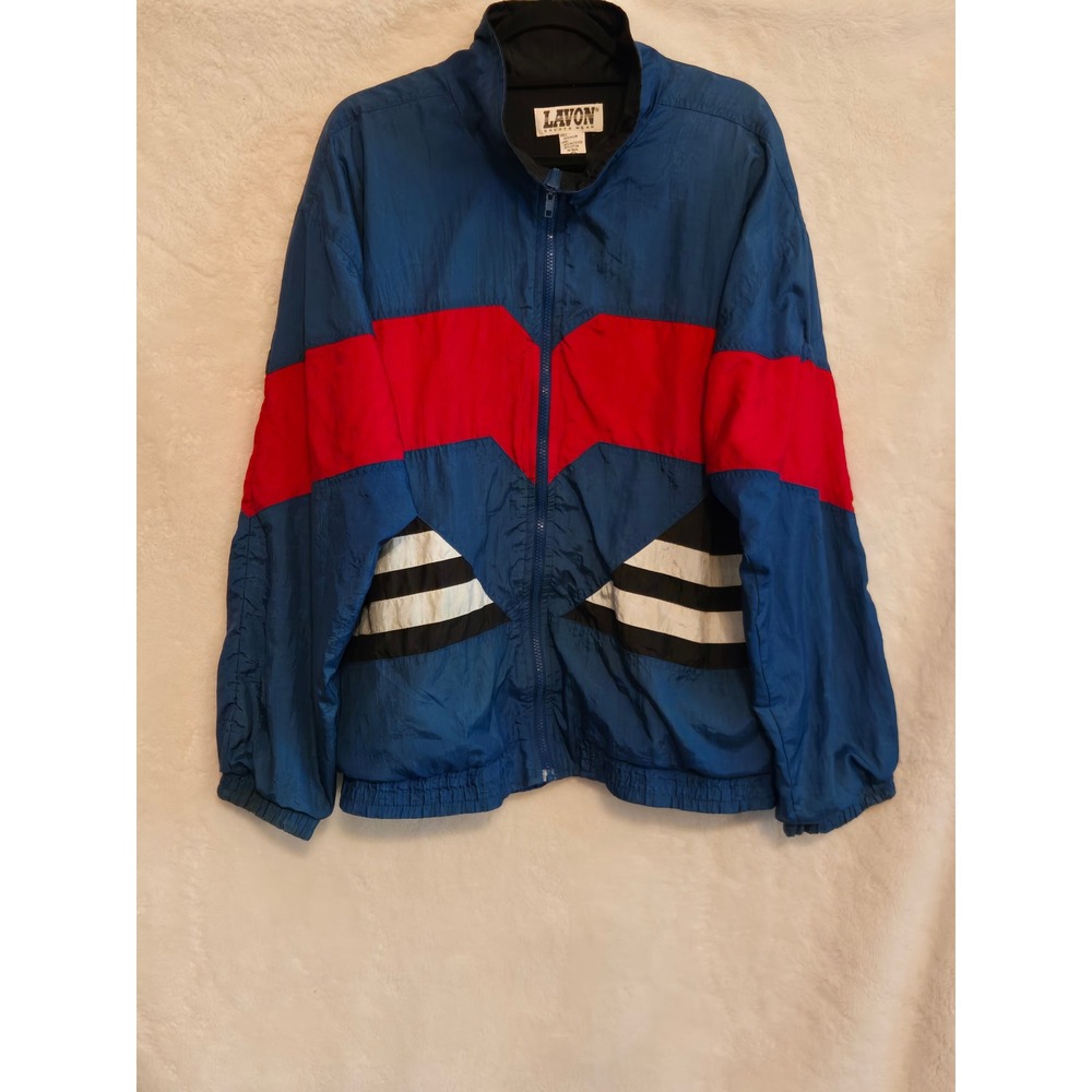 Lavon Sports Wear Mens Large Windbreaker Vintage Jacket Blue Red Black Striped